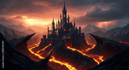 Dark Castle Amidst Lava Flows - A Fantasy Landscape.