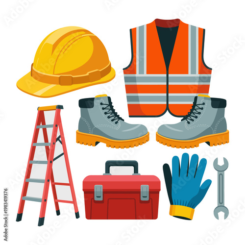 Construction Site Safety Gear: A vibrant collection of essential construction gear, including a safety helmet, reflective vest, sturdy work boots, a durable toolbox, a reliable ladder.