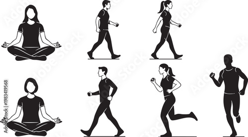Minimalist black and white of people meditating and exercising meditation yoga exercise
