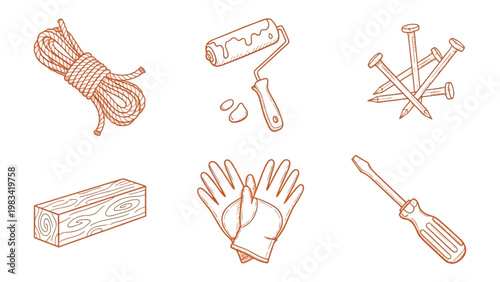 Tools of the Trade: A collection of essential carpentry and home improvement tools, artfully arranged, each representing an aspect of the craft. 