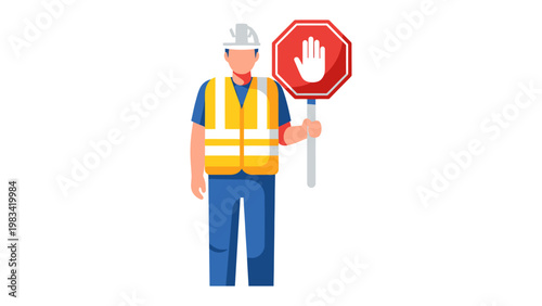 Construction Worker with Stop Sign: A construction worker stands, holding a red stop sign. The scene conveys safety and caution in a work area.
