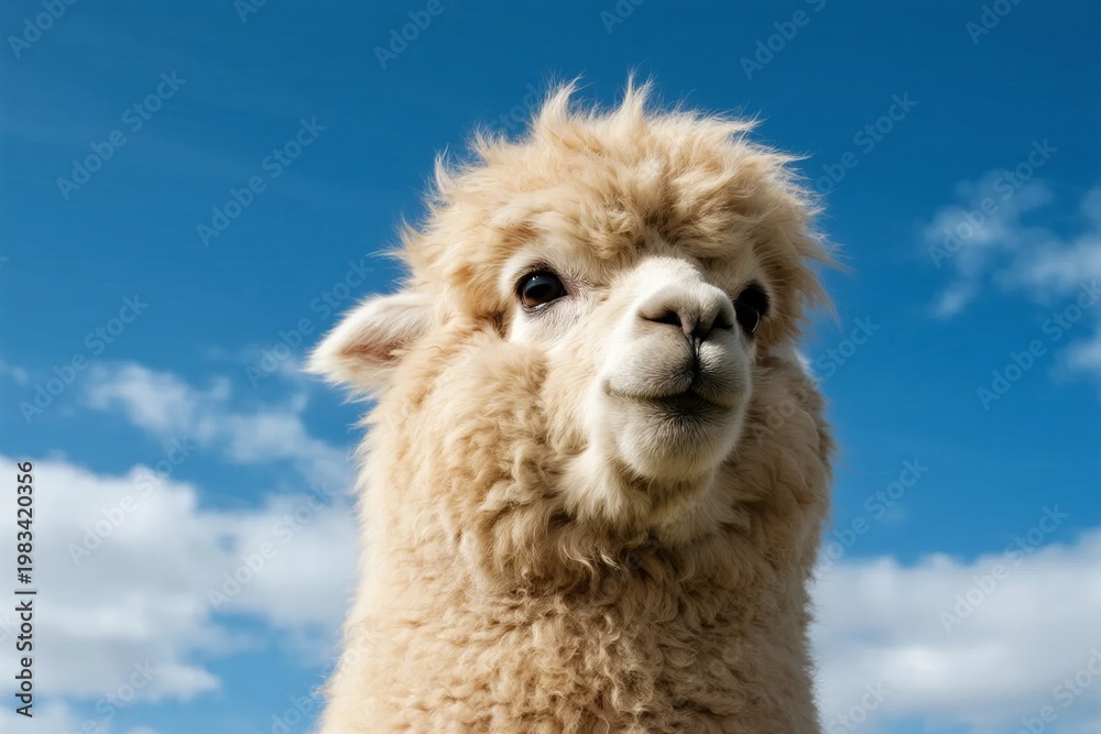 Fototapeta premium Close-up of a fluffy alpaca with a blue sky background