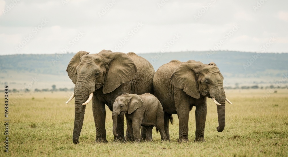 Obraz premium Three elephants, a family, stand in a grassy plain under a cloudy sky