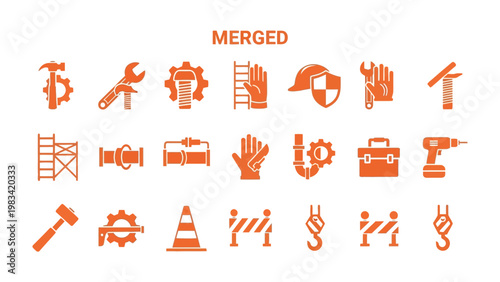 Construction and Engineering Tools Icon Set: A comprehensive collection of construction and engineering icons, perfect for representing various tools and equipment used in the industry.