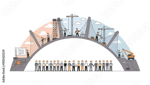 Bridging Visions: An illustration showcases the intricate process of bridge construction, symbolizing collaboration and the realization of ambitious goals. 