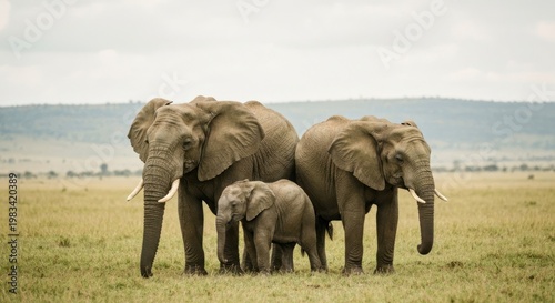 Three elephants, a family, stand in a grassy plain under a cloudy sky