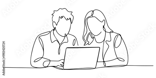 businessman and woman having a discussion two people working together at a laptop computer continuous line drawing, Business activities concept. Single line draw design vector graphic illustration.