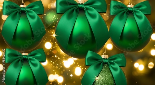 Emerald Green Christmas Ornaments with Bokeh Lights Background.
