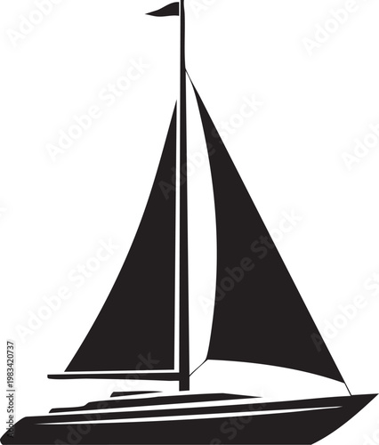 Minimalist black sailboat silhouette on white background with dark mast and hull black silhouette