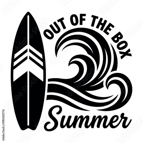 Out of the Box Summer Graphic Design with Surfboard and Stylized Waves Vector Illustration