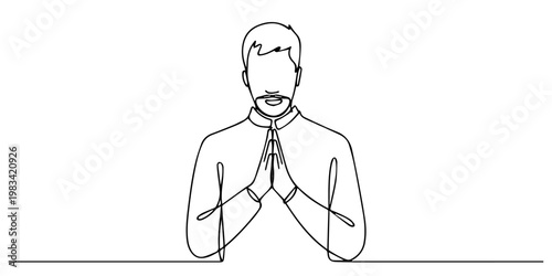 man praying with his hands continuous one line drawing, a guy drawing one continuous line is on his knees and praying, man folded palms together, doing yoga. Hands folded in prayer. Hands together. 