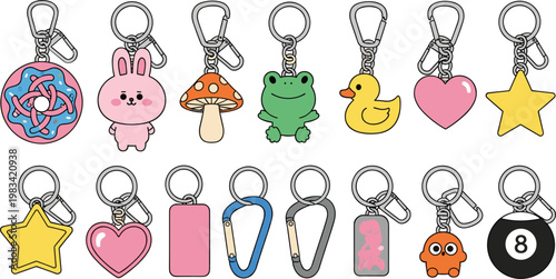 Vector illustration of cute keychains with animals, stars, and fun shapes in vibrant colors."