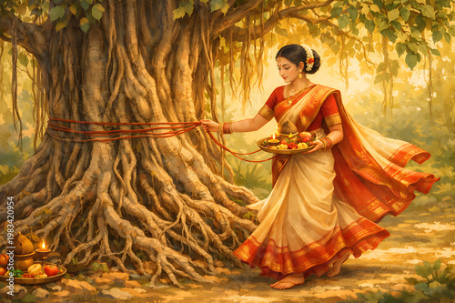 Graceful married women observing Vat Purnima, Vat Savitri Vrat, Vat Purnima Pournima fasting, tying sacred threads around banyan tree, seeking blessings for marital happiness and eternal togetherness