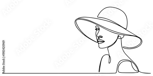 One line drawing woman in a hat is drawn as a continuous line. Modern minimalism art, aesthetic contour. Female line vector illustration, one continuous line drawing of beautiful woman with big hat.on