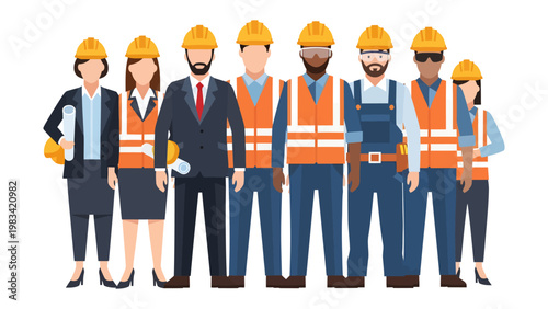 Construction Team: A diverse team of construction professionals stands ready, embodying skill and collaboration in the field. Representing expertise and unity.