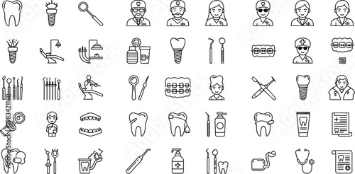 Dental Care Icon Set with Toothbrushes, Dental Tools, Teeth, and Oral Hygiene Products for Health and Dentistry Designs