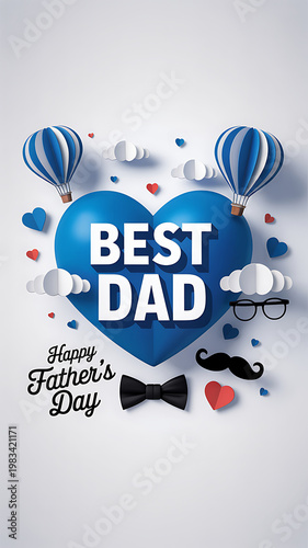 Happy fathers day best dad blue heart hot air balloons clouds and hearts on gray background
