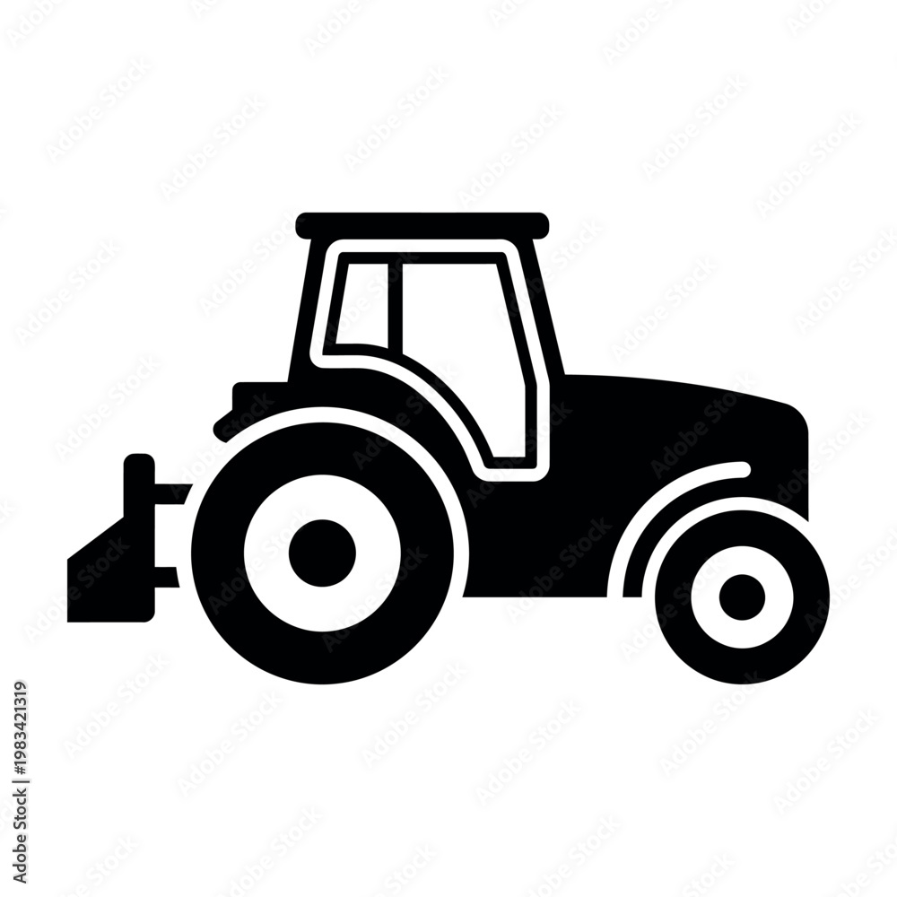 Fototapeta premium Black Silhouette Vector Icon of a Farm Tractor, Side View