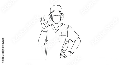 Healthcare worker in scrubs and mask making ok gesture, continuous line art vector