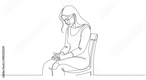 Thoughtful woman sitting on a chair, reflecting in solitude with continuous line art