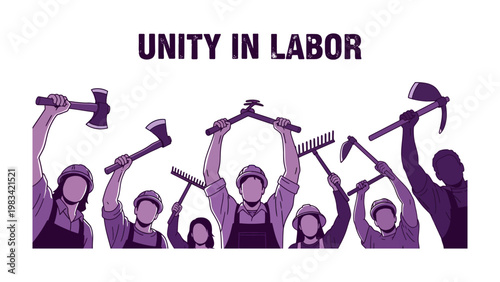 Unity in Labor: A powerful illustration depicts workers united, raising tools in solidarity, symbolizing the strength and collaboration found in the labor movement. 