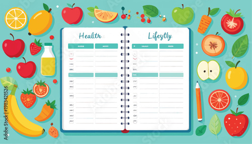 Daily Health and Wellness Planner with Fresh Fruits.