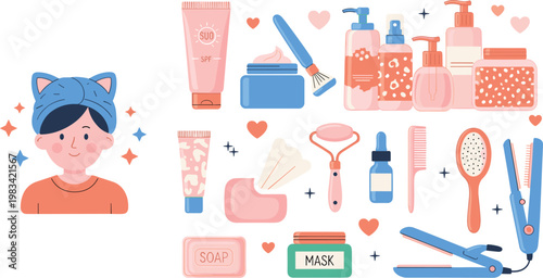 Vector illustration of a woman’s beauty routine with skincare, hair care products, face mask, and cosmetics tools."