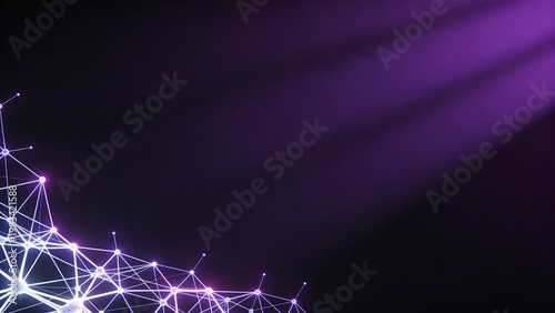 Abstract futuristic digital network connection background with glowing purple light rays and plexus mesh lines on dark backdrop