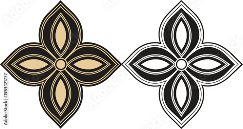 Black and gold symmetrical abstract floral shapes black background