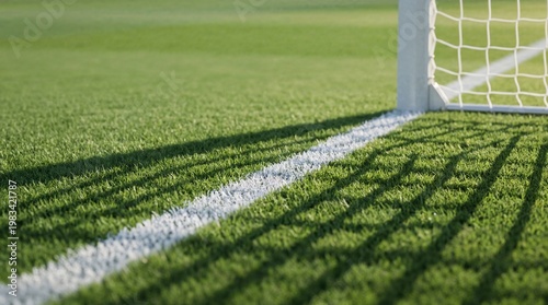Soccer field goal line with shadows.