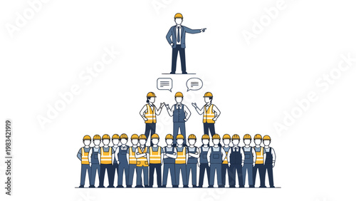 Building Authority: A structural foreman stands atop a group of his team, instructing the construction team with precision and clarity. A metaphor for leadership in the construction industry.