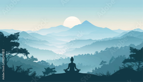 Person Meditating on Mountain Top Silhouette.