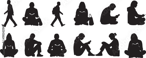 Minimalist black silhouette series of diverse human activities and poses in style black silhouettes