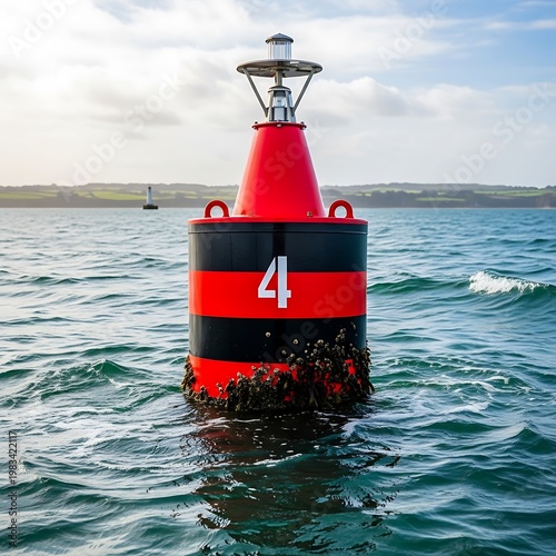 Red and Black Navigation Buoy in Falmouth Bay, Cornwall, UK.