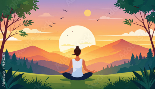 Woman Meditating in Serene Natural Landscape.