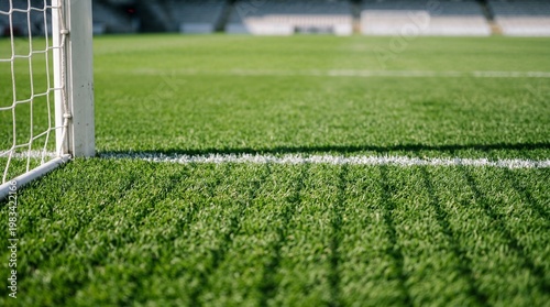 Close-up of soccer field goal line.
