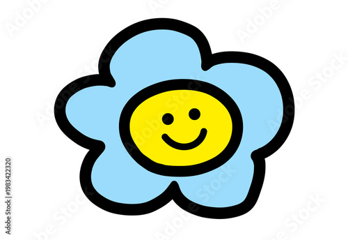 Hand drawn light blue flower with happy smiley face