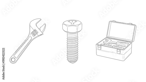 Tools of the Trade: A precise monochrome composition showcases a wrench, bolt, and toolbox, the quintessential instruments of craftsmanship and repair. 