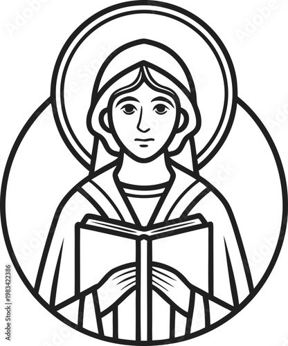 A serene female saint figure, possibly Virgin Mary, holding an open book with a radiant halo