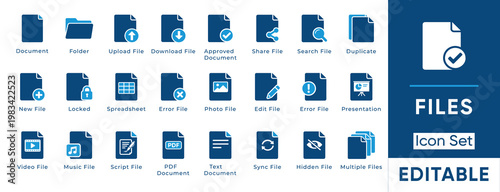 Files icon set. Containing document, folder, upload file, spreadsheet, photo file, presentation, video file and more. Solid vector icons collection.