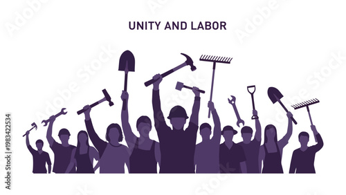 United Labor: Silhouettes of diverse laborers unite, holding tools aloft against the sky, symbolizing solidarity, hard work, and the strength of a shared vision. 