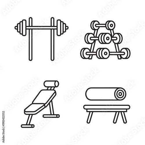 Gym equipment line icons representing weightlifting yoga and strength training