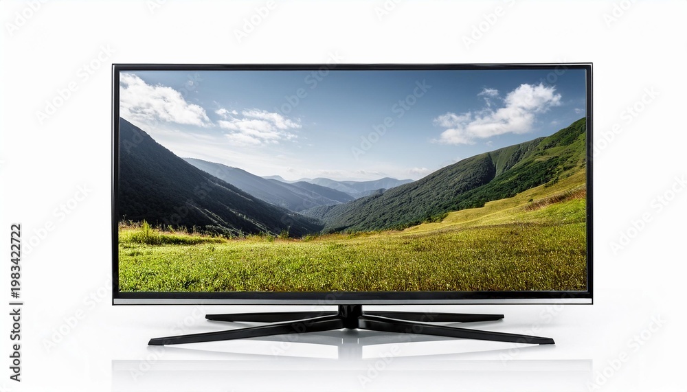 Fototapeta premium Flat-screen television displaying mountain landscape