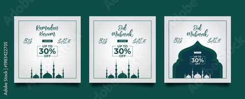Minimalist white and green ramadan kareem and eid mubarak big sale banner set with mosque silhouette and decorative border for elegant shopping discounts and religious holiday marketing campaigns.