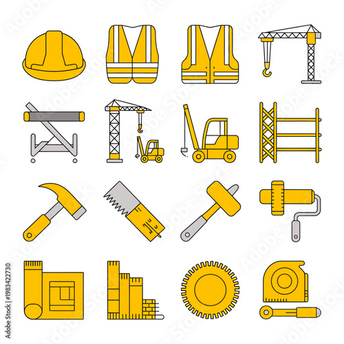 Construction Icons: An eye-level shot showcasing a set of meticulously designed, yellow and grey construction icons arranged in a grid-like fashion, offering a clean.