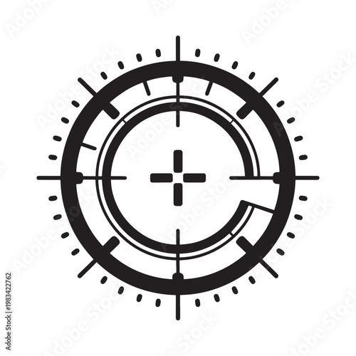 Black and white target reticle graphic with concentric circles and crosshairs