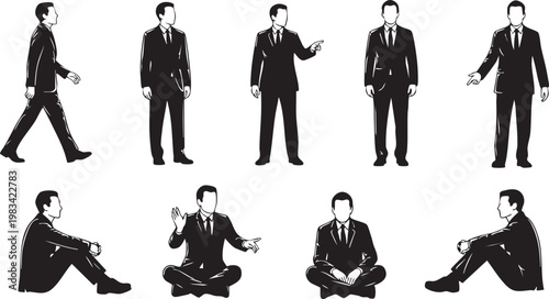 Minimalist of standing and sitting businessmen in black suits businessman business suit