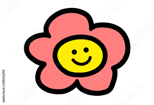 Hand drawn pink flower with happy smiley face