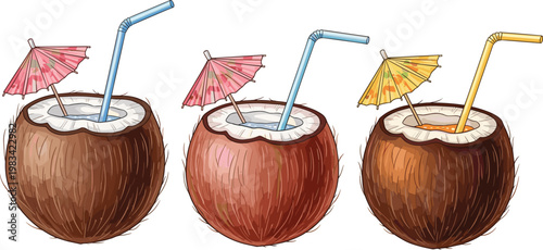 Coconut Drink Vector Set Featuring Tropical Cocktails with Umbrellas, Straws, and Coconut Shells, Perfect for Summer, Beach, and Vacation Themes in Digital Designs