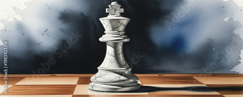 Chess King Piece on Board Watercolor Illustration Representing Strategy, Leadership, Power, Decision Making, and Business Planning Concept for Competitive and Tactical Design